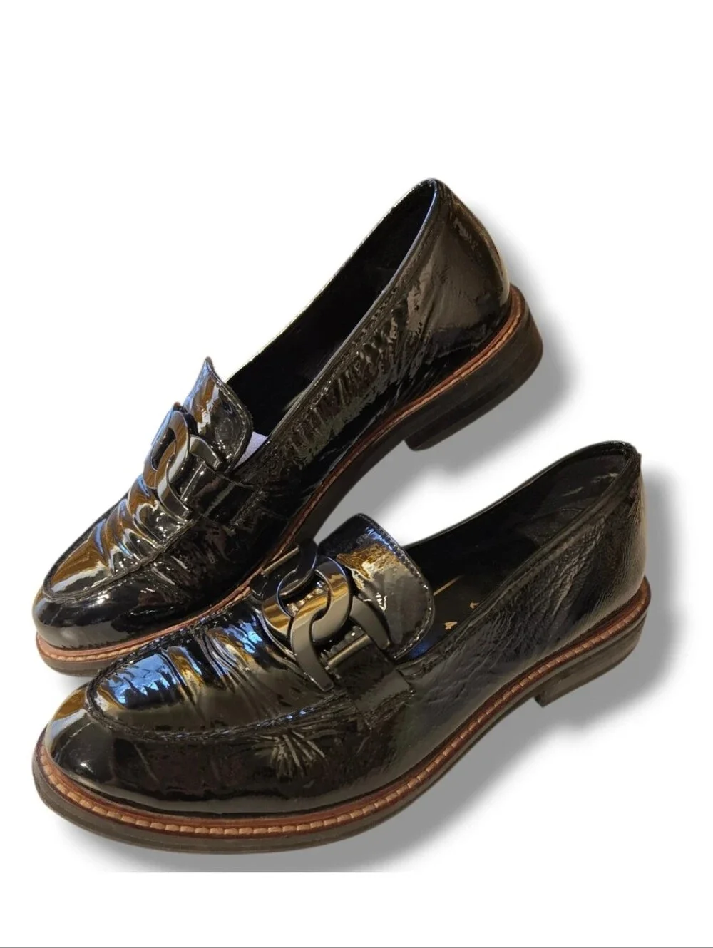 Ara Women's Black Patent Leather Loafers Chain Detail 6.5 US (Euro 4) 